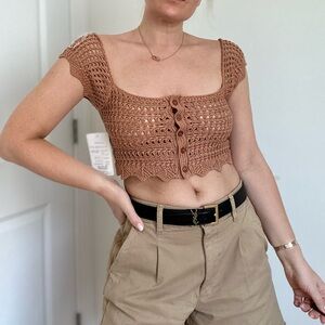 Button Front Crochet Knit Crop Top